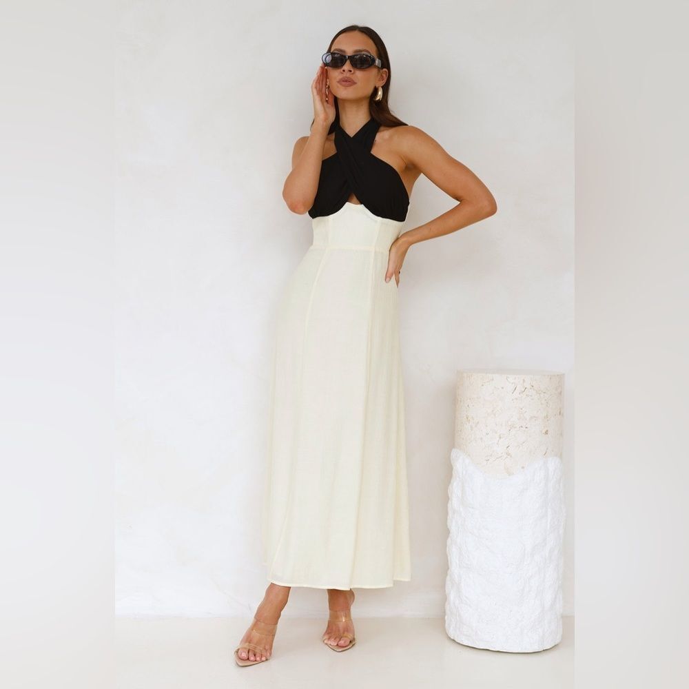 MIKA & GALA Paris Afternoon Halter Maxi Dress Cream Contrast Formal Size L - Picture 3 of 10